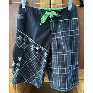 Micros Boy's Black & Lime Green Plaid/Print Surf Board Shorts Size 8 Unlined